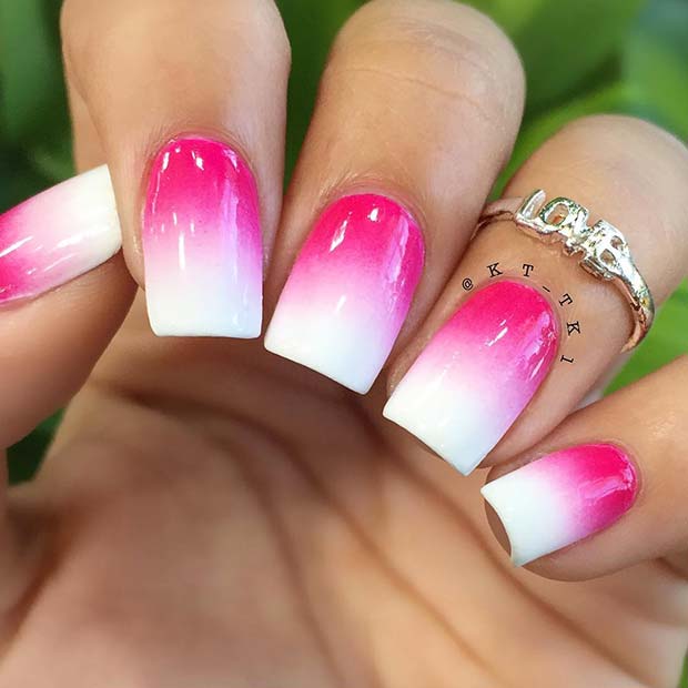 Vivid Pink and White Ombre Nails