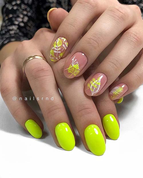 Short Yellow Nails with Botanical Art