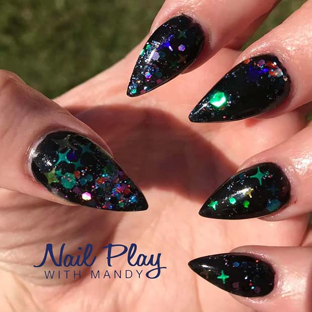 Black Stiletto Nails with Sequins