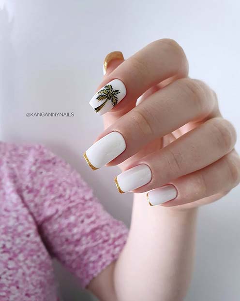 Cute Nails with a Palm Tree and Gold Tips