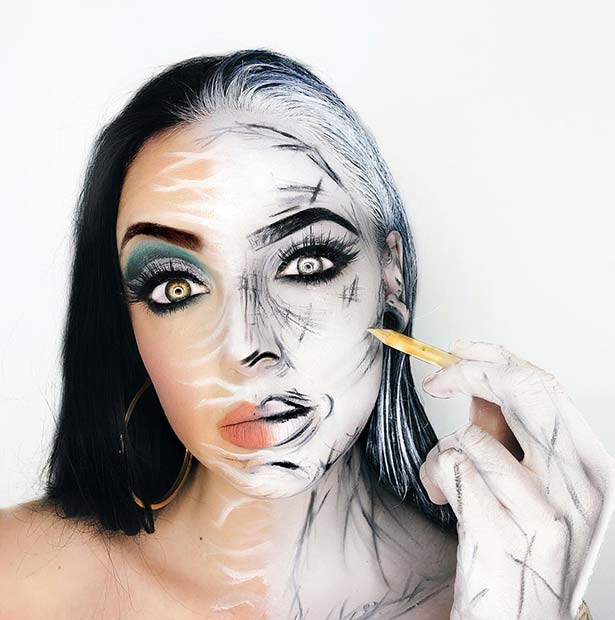 Half Face Halloween Makeup Idea 