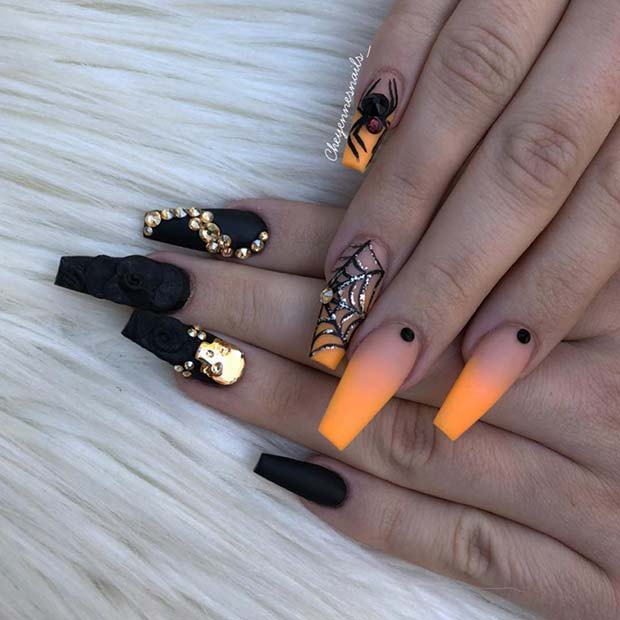 Orange and Black Halloween Acrylic Nails