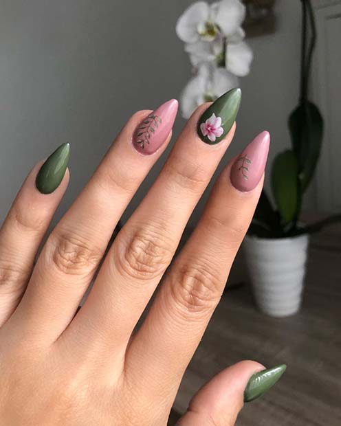 Pink and Olive Botanical Nails