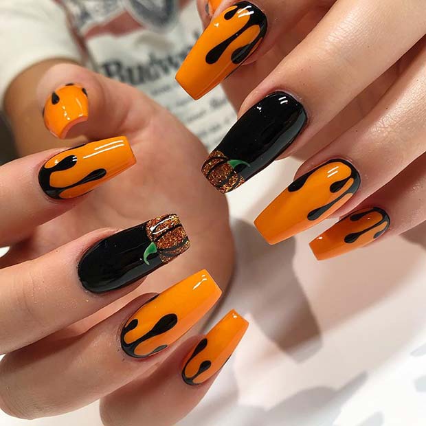 Pumpkins and Drips Halloween Acrylic Nails