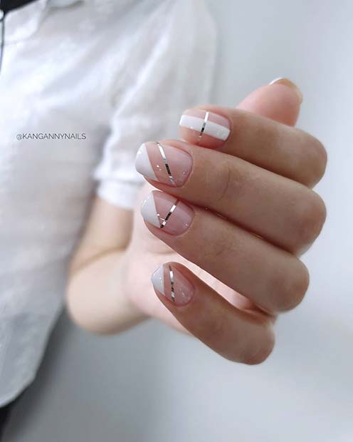 Short Nude and White Nails with Silver Stripes