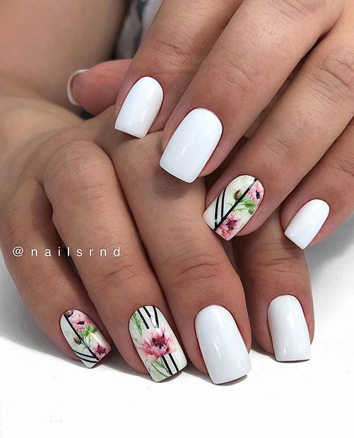 Short White Nails with Floral Art