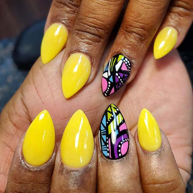 Yellow Nails with a Vibrant Accent Nail