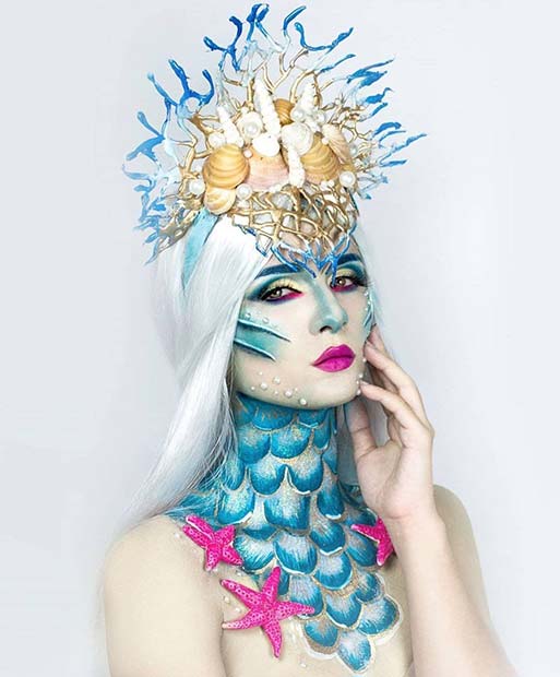 Bold Mermaid Makeup with a Shell Crown