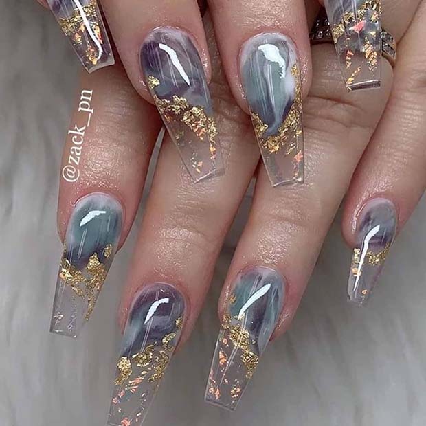 Clear Nails with Grey Marble and Gold Foil