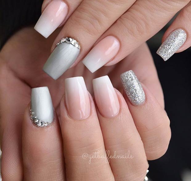 French Ombre and Silver Bridal Nails