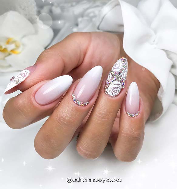 French Ombre with Glitter and Floral Art