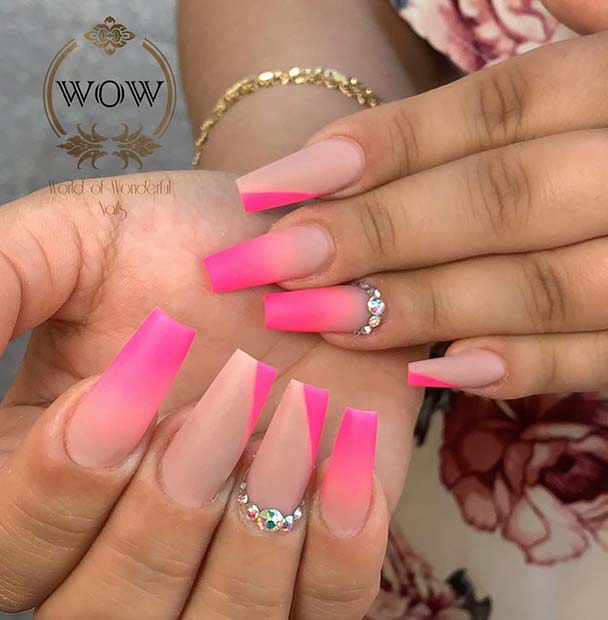 Glam Neon Pink and Nude Nails