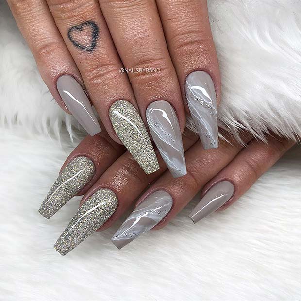 Glittery and Grey Nails with Marble Art