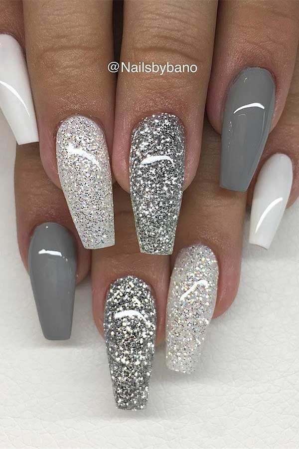 Grey White and Glitter Nails