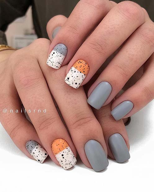 Short Grey and Orange Nails