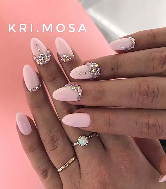 Light Pink Nails with Rhinestones