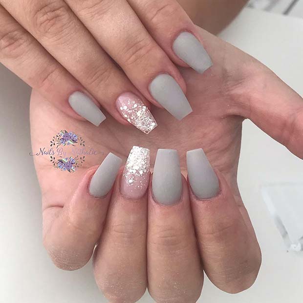 Matte Grey Nails with Glitter Ombre
