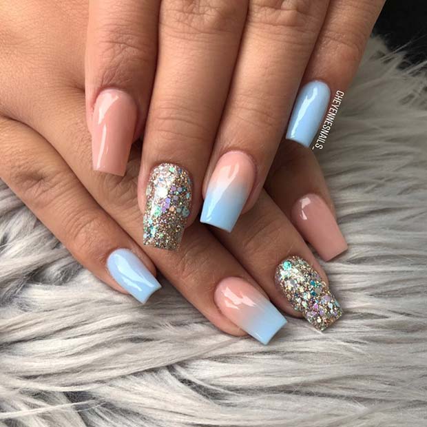 Nude Nails with Blue Ombre and Glitter