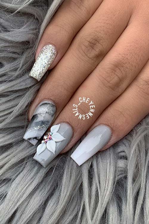 Pretty Grey Nails with Glitter
