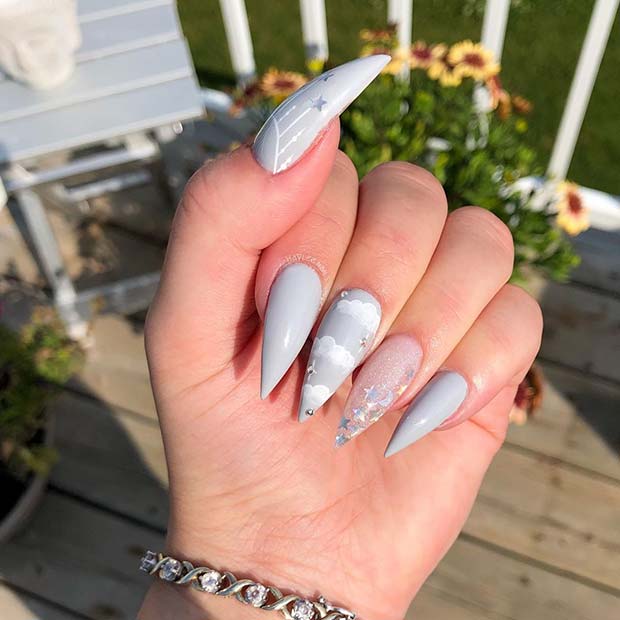 Pretty Grey Stiletto Nails with Clouds