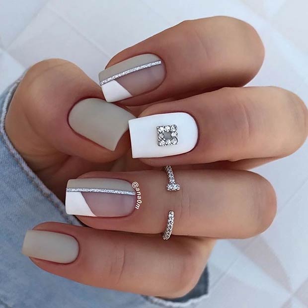 Short Grey Nails with White