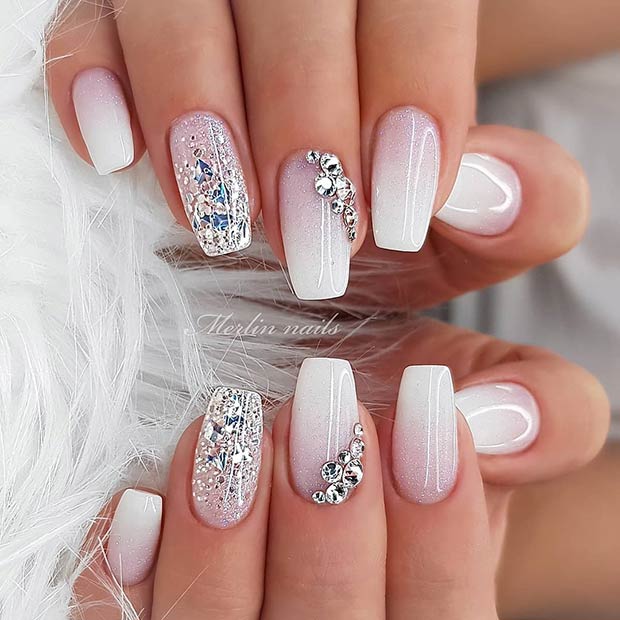 White Nails with Glitter and Rhinestones