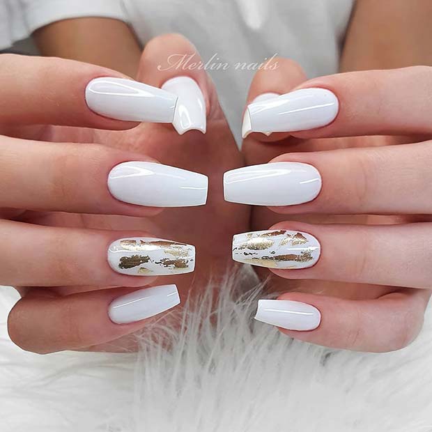 White Nails with Gold Foil