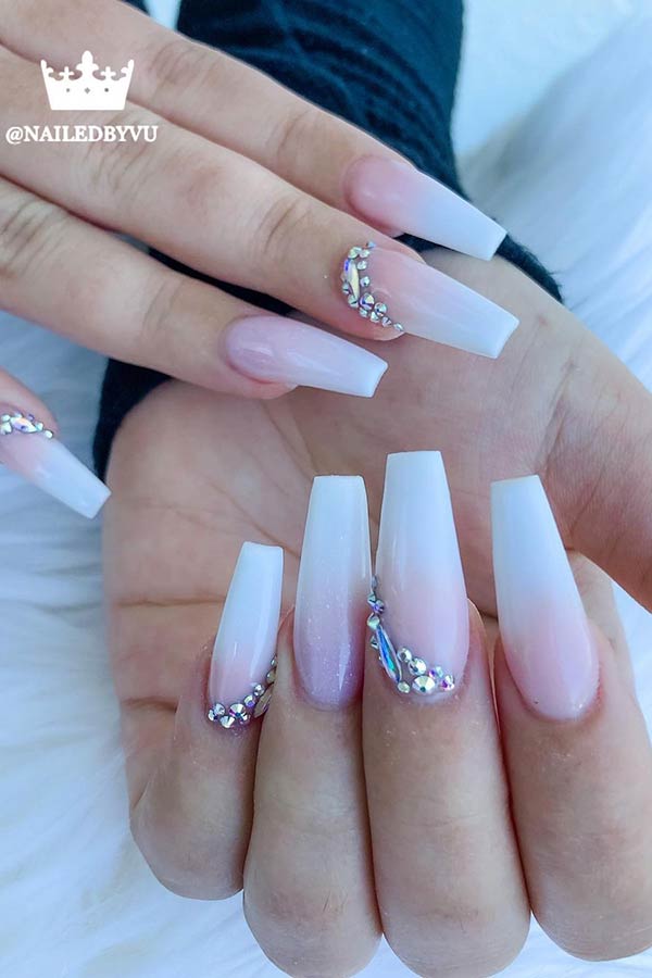 White Ombre Coffin Nails with Rhinestones