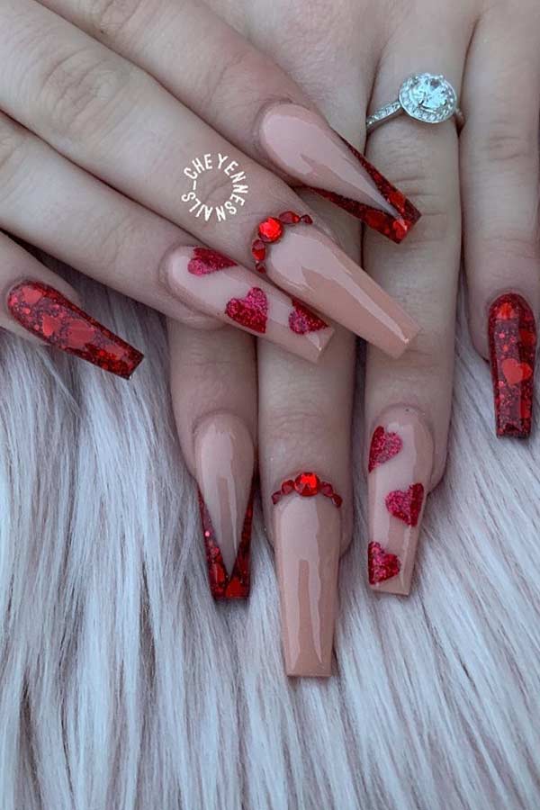 Nude Coffin Acrylic Nails with Hearts