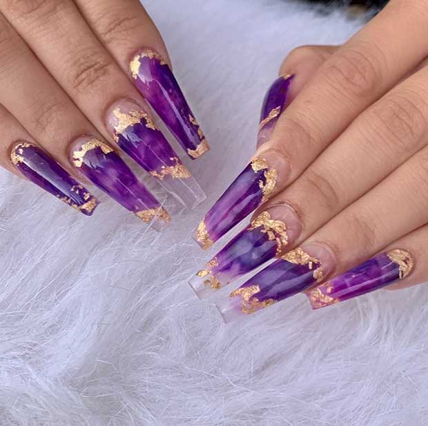 Gold and Purple Coffin Nails
