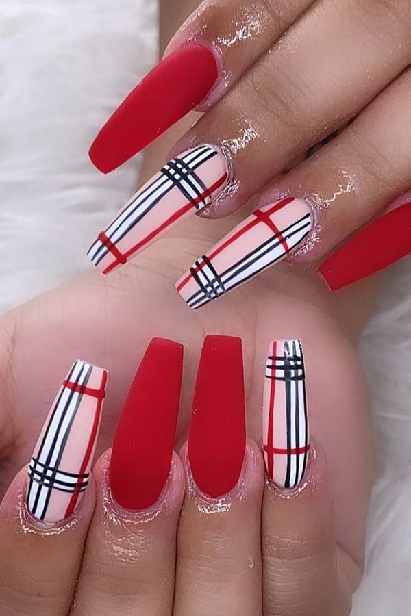 Matte Red and Plaid Nails