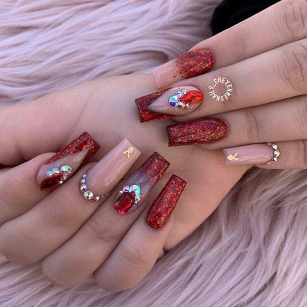 Nude and Red Glitter Nail Design