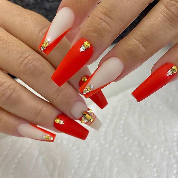 Red Matte Nails with Gold Rhinestones