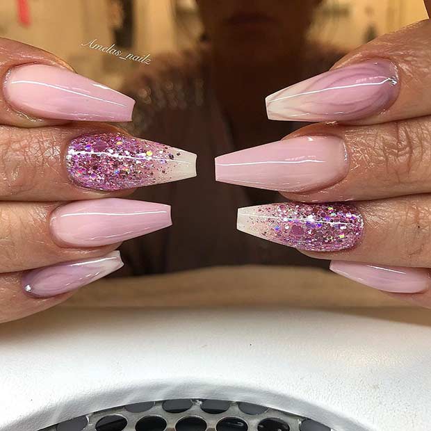Light Pink and White Ombre Coffin Nails