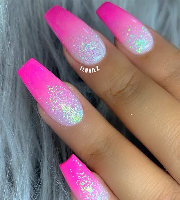 Neon Pink Nails with Glitter