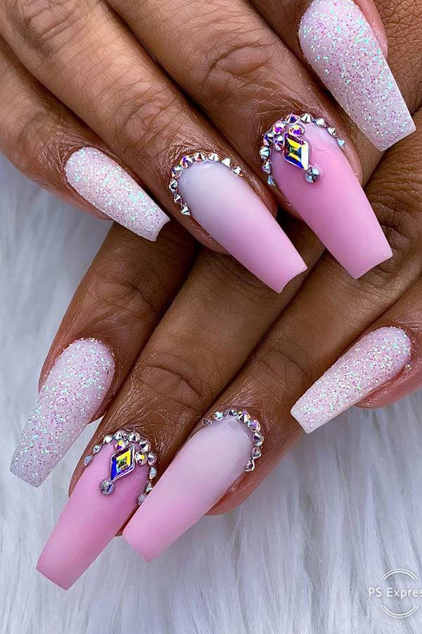 Pink and White Glitter Coffin Nails