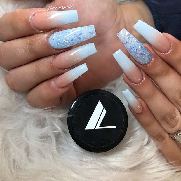 Nude and Light Blue Ombre Nails