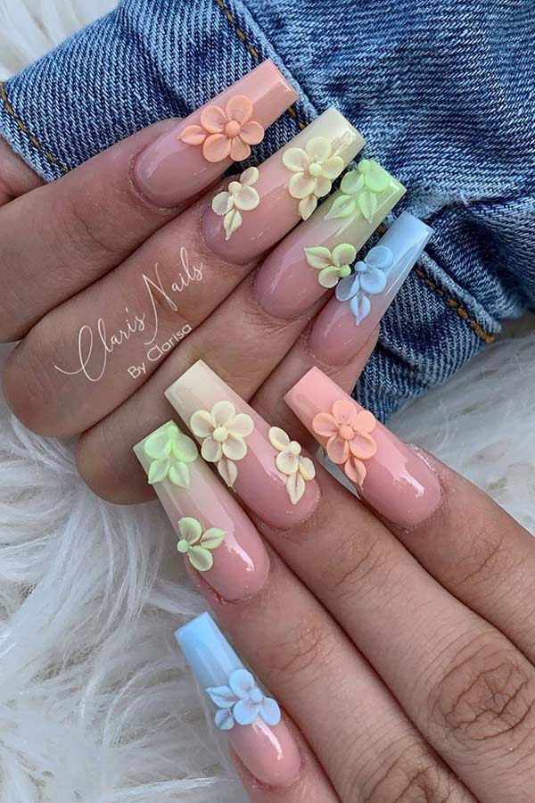 Nude and Pastel Ombre Nails with Flowers