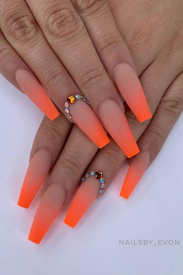 Nude to Neon Orange Coffin Nails